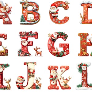 Paquete de imágenes prediseñadas del alfabeto navideño / Letras festivas / Colección PNG de la A a la Z / Fondo transparente / Descarga instantánea de alta calidad