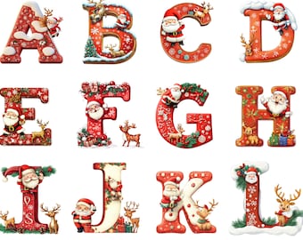 May include: Red and white Christmas alphabet letters decorated with snowflakes, holly, and Santa Claus figures. Each letter is decorated with a different Christmas scene.