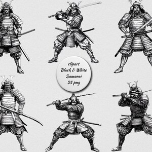 Black and White Samurai Clipart, Samurai PNG Bundle, Digital Warrior Set, Transparent Background, Instant Download, Commercial Use