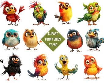 Funny Bird Clipart | Cartoon Style PNG Images  (Instant Download, Commercial Use, 37 PNG)