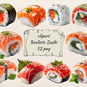 52 Realistic Sushi Clipart, Japanese Food PNG,–Salmon & Tuna Sushi Rolls, Transparent Background, Instant Download, Commercial Use