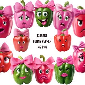 Funny Pepper Clipart Bundle: Kawaii Vegetable PNGs, Commercial Use