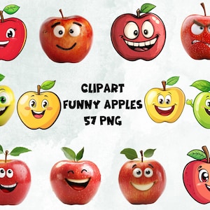 Funny Apple Clipart, Cute Fruit PNG, Cartoon Apples for Stickers, Sublimation, Printable Food Art, Instant Download Commercial Use