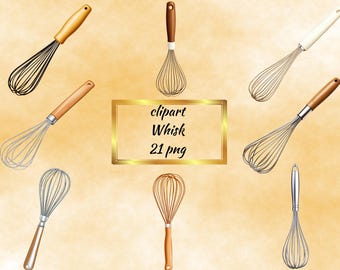 May include: A set of 21 clipart images of various whisk designs. The whisks are in different colors, including silver, gold, and brown. The whisks are isolated on a light brown background.