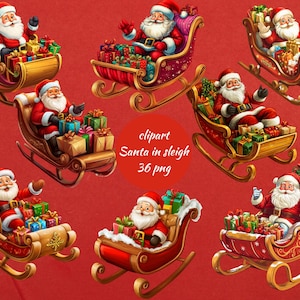 Clipart Père Noël en traîneau, Père Noël festif PNG, Illustrations de traîneau et de cadeaux, fond transparent, téléchargement immédiat, usage commercial
