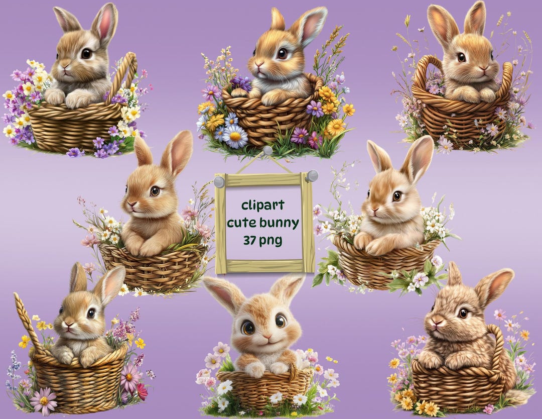 Bunny Clipart Bundle: Easter Rabbit PNG, Spring Floral Basket ...