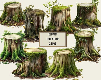 May include: A set of 24 digital images of tree stumps with moss and greenery. The images are perfect for crafting, scrapbooking, and other creative projects.