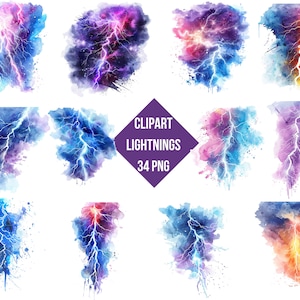 Könnte beinhalten: Ein Set mit 34 Aquarell-Clipart-Bildern mit Blitzen in verschiedenen Farben, darunter Blau, Lila, Pink und Gelb. Die Blitze sind vor einem Hintergrund aus Aquarell-Waschungen platziert, was einen dynamischen und energiegeladenen Effekt erzeugt.