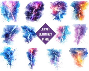 Colorful Lightnings Clipart Set | 34 PNG Images For Digital Projects And Crafts | Transparent Background | High Quality Instant Download