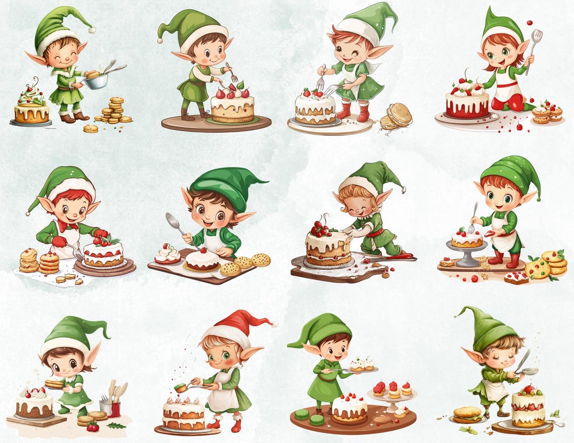 Christmas Elves Cooking Clipart Bundle – 37 PNG Festive Elf | Cute ...