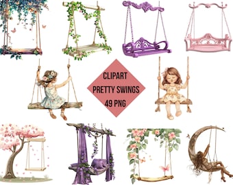 May include: A set of 10 digital clipart images of various swings. The swings are decorated with flowers, vines, and other embellishments. Some swings have a wooden frame, while others have a metal frame. Some swings are empty, while others have a person sitting on them. The clipart images are perfect for adding a touch of whimsy to your digital projects.