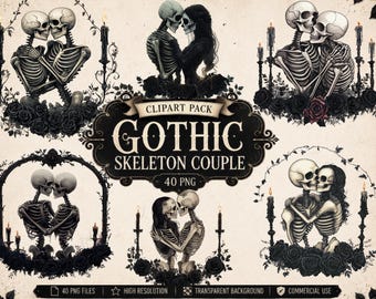 Gothic Skeleton Couple Clipart, Dark Romance PNG (Commercial Use, Digital Download, 40 PNG)