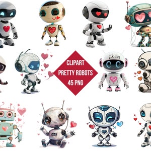 May include: A collection of cartoon robot illustrations in various poses, each with a heart-shaped design element. The robots are primarily white, with accents of blue, pink, and red. The image includes the text "CLIPART PRETTY ROBOTS 45 PNG".