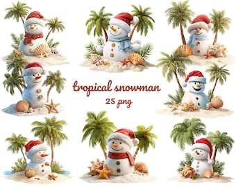 May include: A collection of digital illustrations featuring snowmen on a tropical beach. Each snowman wears a red Santa hat and scarf, surrounded by palm trees, seashells, and starfish. The text "tropical snowman 25 png" is also present.
