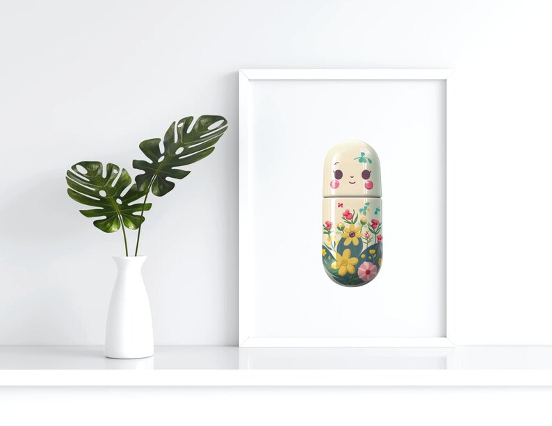 May include: A white pill-shaped object with a smiling face and floral pattern. The object is in a white frame against a white background.