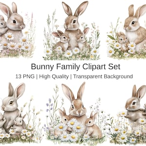 Bunny Family Clipart, Baby Rabbit PNG, Digital Woodland Spring Animals, Cute Bunny Mom and Babies, Instant Download, Commercial Use