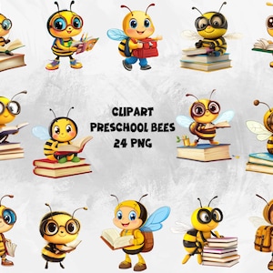 Puede incluir: Conjunto de clipart de 24 abejas de preescolar con libros. Las abejas son amarillas y negras con alas y antenas. Están sosteniendo libros y algunas llevan mochilas. El texto "Clipart Preschool Bees 24 PNG" está en la parte superior de la imagen.