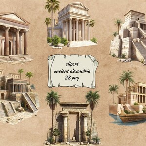Peut inclure: Illustration numérique présentant plusieurs structures architecturales antiques, dont des temples et des pyramides à degrés, sur fond beige. Des palmiers parsèment la scène. Le texte "clipart ancient alexandria 28 png" est visible.