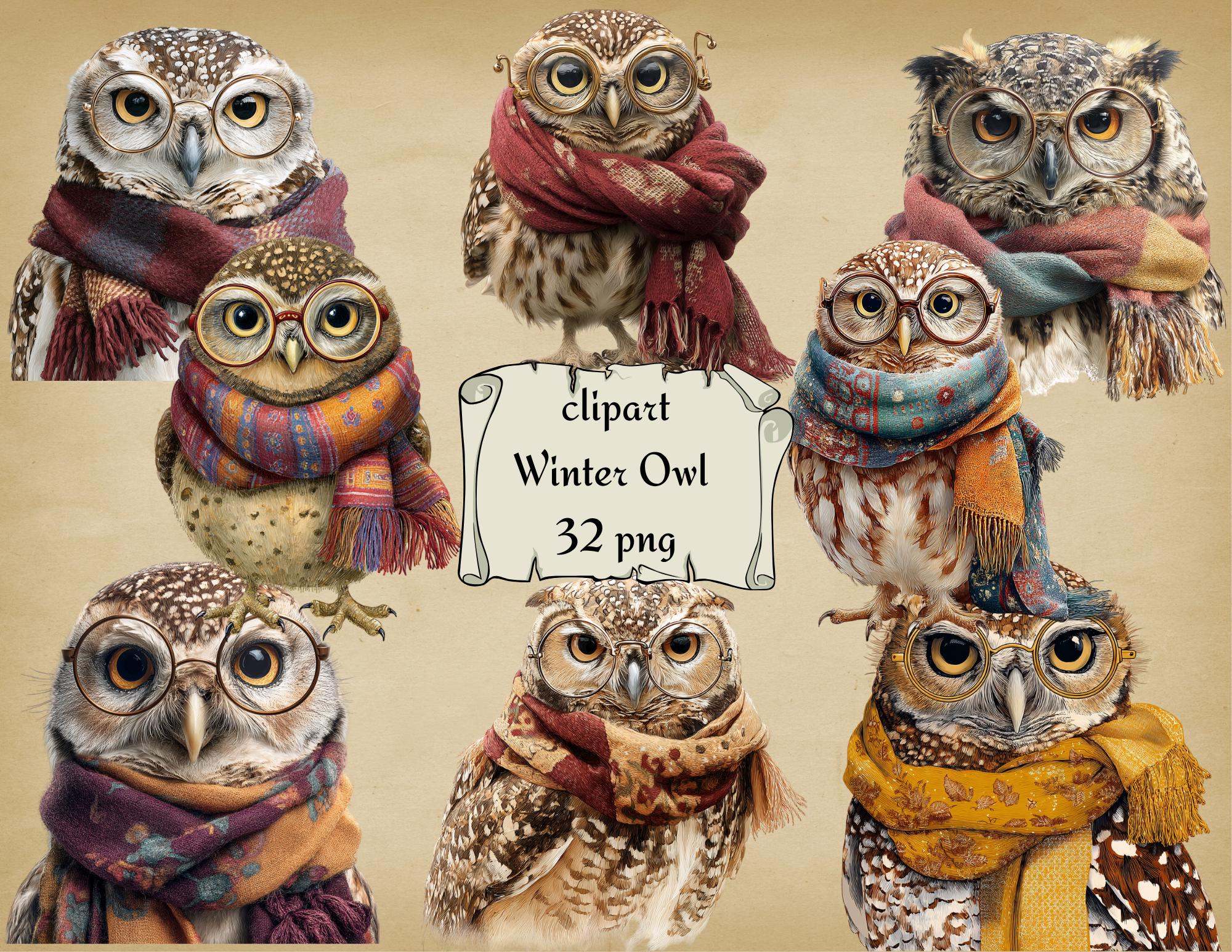 Winter Owl Clipart Bundle, Cute Owls with Scarves, Cozy Autumn Owl PNG, Woodland Animal Clipart, Tra
