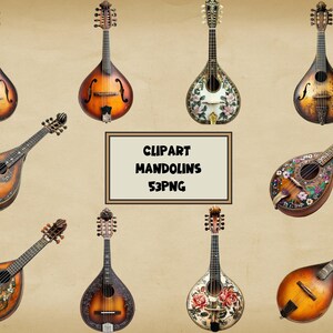 May include: A collection of 10 vintage mandolins with intricate floral designs and wood finishes. The mandolins are arranged in a row on a beige background. The text "CLIPART MANDOLINS 53PNG" is displayed in a white rectangle.