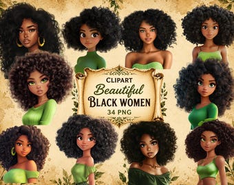 Black Women Clipart Bundle | Afro Curly Hair Illustrations 34 PNG  (Commercial Use, Instant Download)
