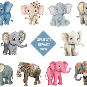 Clipart Cute Elephants | Cute Elephants PNG | Digital Print Cute Elephants | Transparent Background | High Quality Instant Download