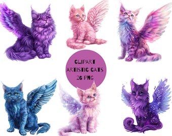 May include: A collection of six artistic cat illustrations with feathered wings in various colors, including purple, pink, and blue. The image includes the text "CLIPART ARTISTIC CATS 26 PNG" in a circular design.