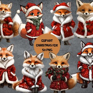 May include: A collection of cartoon foxes dressed in festive Christmas attire. The foxes wear red coats with white fur trim, Santa hats, and scarves. Some hold gifts. The image includes the text "CLIPART CHRISTMAS FOX 50 PNG".