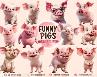 Funny Pigs Clipart | Pig PNG Bundle (Instant Download, Comercial Use, 28 PNG)