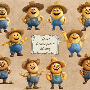 May include: A collection of cartoon farmer potato characters wearing straw hats and blue overalls. The potatoes have smiling faces and are in various poses. The image includes the text "clipart farmer potato 20 png".