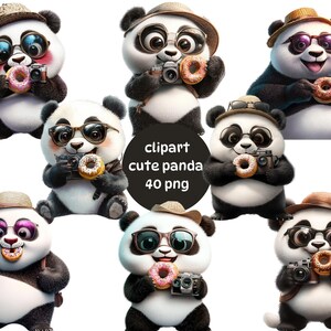 Paquete de imágenes prediseñadas de panda adorable, adorable panda de dibujos animados PNG, fotógrafo de pandas digitales, fondo transparente, descarga instantánea para uso comercial.