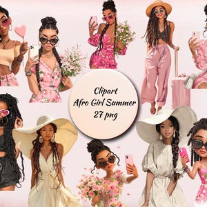 Afro Girl Summer Clipart Bundle, Black Fashion Women PNG, Digital Afro Girl, Transparent Background, Instant Download, Commercial Use