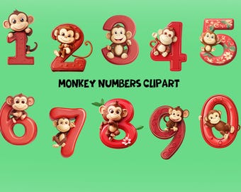 Imágenes prediseñadas de números de mono / Números rojos de dibujos animados (Uso comercial, descarga instantánea)