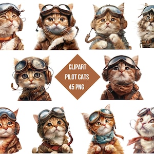 Clipart Pilot Cats | Adorable Cat Pilot Graphics | Feline Aviator Pack 45 PNG | Transparent Background | High Quality Instant Download