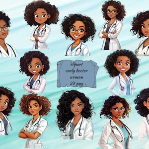 Doctor Woman Clipart, Curly Hair Medical PNG, Digital Print Doctor, Transparent Background, Instant Download Commercial Use
