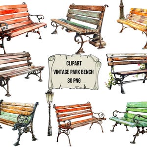 Akvarell parkbänk Clipart-paket: Trädgårdsillustration (PNG, direktnedladdning, kommersiellt bruk)
