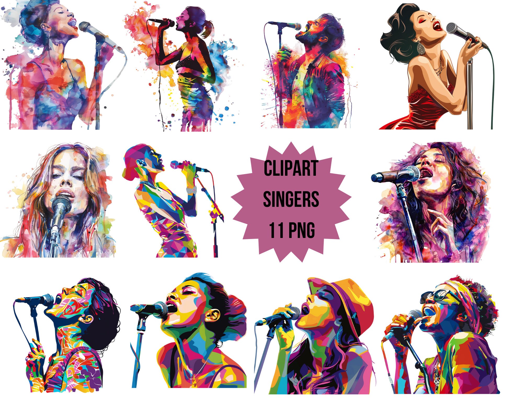 Colorful Singers Clipart Set | 11 PNG Illustrations for Artistic ...