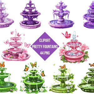 Pretty Fountain Clipart Bundle, Digital Garden Fountains, PNG Water Clipart Set, Spring Floral Clip Art Instant Download Commercial Use