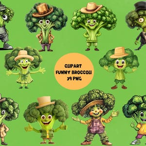 May include: A vibrant illustration featuring cartoon broccoli characters, each with a unique outfit and hat, set against a green backdrop. The image includes the text "CLIPART FUNNY BROCCOLI 39 PNG" in a circular design.