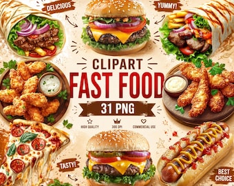 Fast Food Clipart Bundle: Burger, Pizza, Chicken (31 PNG, Commercial Use)