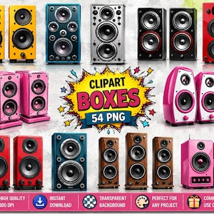 Può includere: Una collezione di varie casse acustiche in diversi colori, tra cui giallo, blu, argento, nero, rosso, rosa e venature del legno. Il grafico centrale presenta il testo CLIPART BOXES 54 PNG. Il banner inferiore include icone e testo sulla qualità.