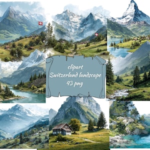 Swiss Landscape Clipart, Alps Cottage PNG, Switzerland Mountain Scene, Chalet Art, Instant Download,Transparent Background, Commercial Use