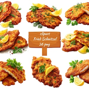 May include: A collection of images featuring golden-brown fried schnitzel, garnished with fresh parsley and lemon wedges. The images include whole and sliced schnitzel, showcasing the crispy texture and savory appearance. The text "clipart Fried Schnitzel 36 png" is visible.