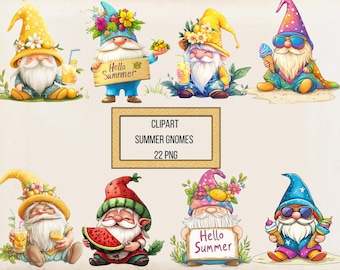 May include: Clipart set of 10 summer gnomes with various accessories, including watermelon, sunglasses, ice cream, and flowers. The gnomes are wearing colorful hats and clothing. The text "Hello Summer" appears on two of the gnomes' signs.