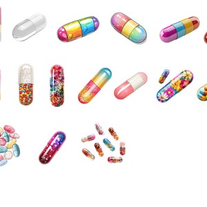May include: Assortment of colourful capsules with various designs, including glitter, floral patterns, and solid colours. Some capsules are open, revealing the contents inside.