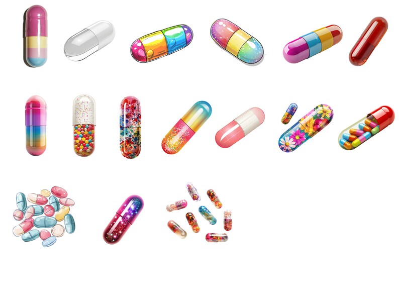 May include: Assortment of colourful capsules with various designs, including glitter, floral patterns, and solid colours. Some capsules are open, revealing the contents inside.