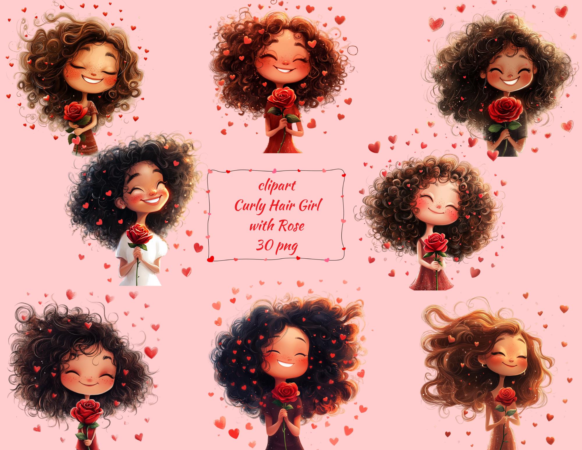 Curly Hair Girl With Rose Clipart, Romantic Rose PNG, Cute Valentine’s Day Art, Afro Hair PNG, Transparent Background, Instant Download