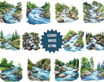 May include: A set of 42 digital illustrations of rivers and streams in various settings. The illustrations are in a watercolor style and feature lush greenery, rocks, and flowing water.