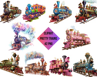 Colorful Steam Train Clipart Bundle, Vintage Locomotive PNG (Instant Download, Comercial Use, 42 PNG)