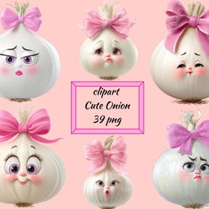 Cute Onion Clipart Bundle, Funny Onion Girls PNG, Food Characters with Pink Bows, Kitchen Design, Instant Download, Transparent Background